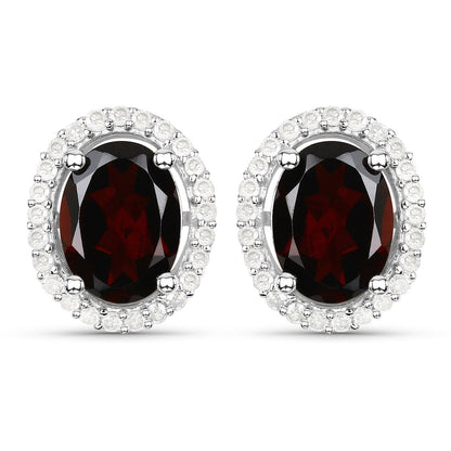 Sterling Silver Garnet and Diamond Oval Stud Earrings