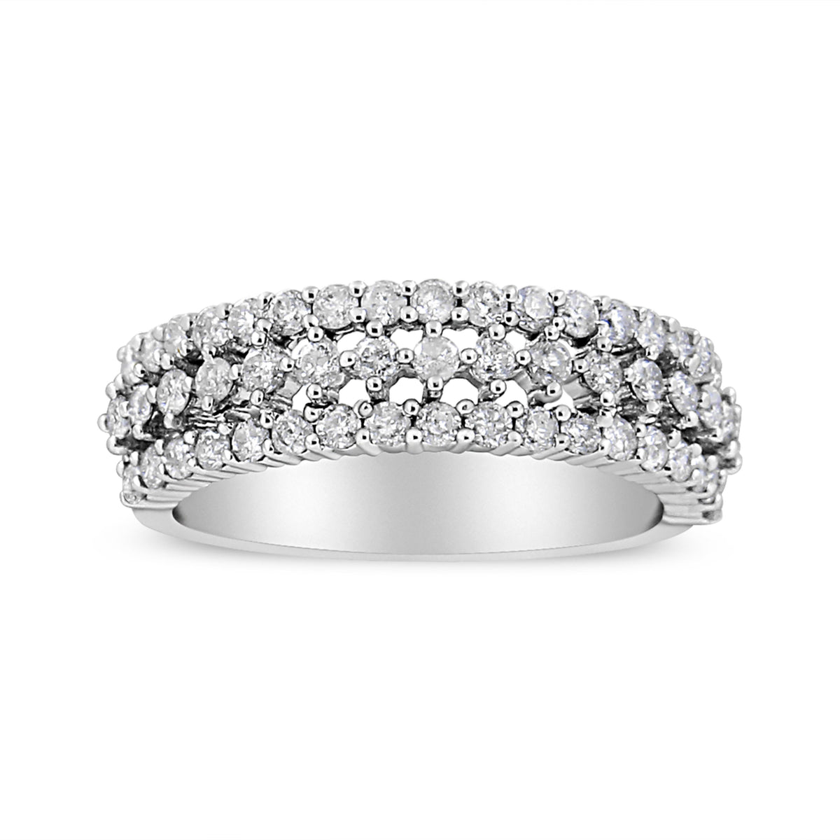 14K White Gold Round Diamond Split Shank Three Row Band Ring