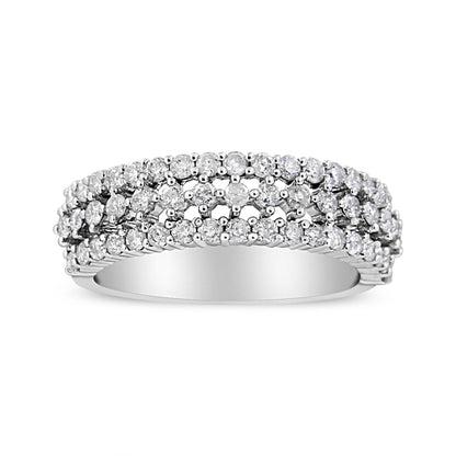 14K White Gold Round Diamond Split Shank Three Row Band Ring