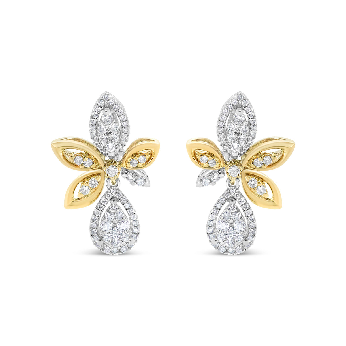 14K White and Yellow Gold 1.00 Cttw Diamond Teardrop and Marquise Drop Dangle Earrings