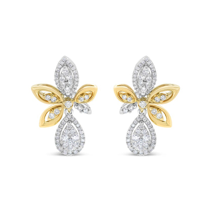 14K White and Yellow Gold 1.00 Cttw Diamond Teardrop and Marquise Drop Dangle Earrings