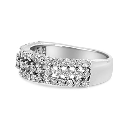 14K White Gold Round Diamond Split Shank Three Row Band Ring