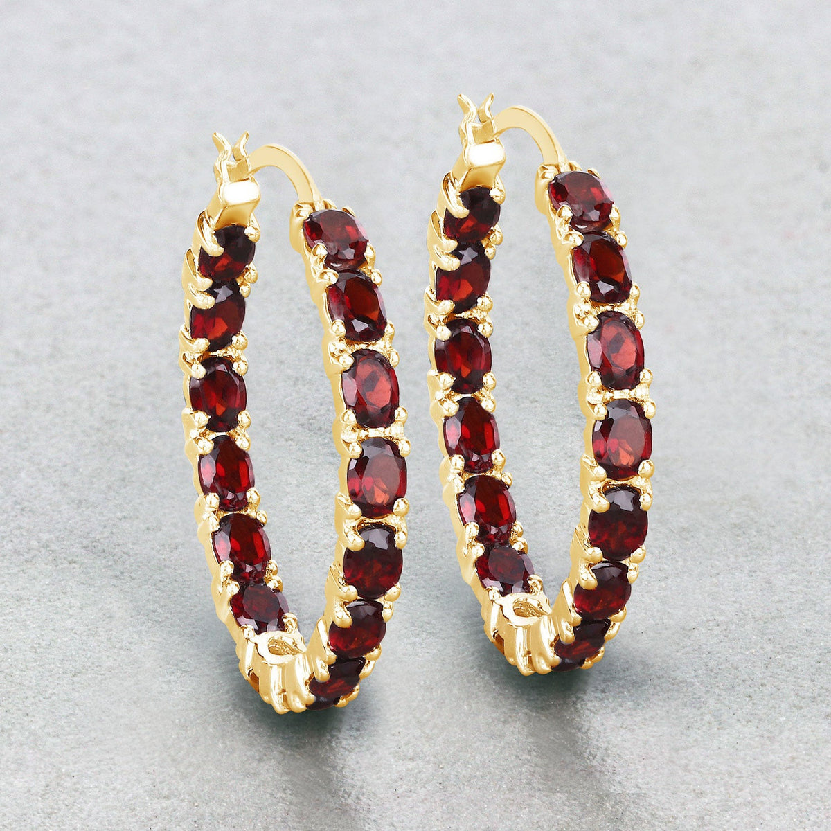 Sterling Silver 14K Yellow Gold Plated Garnet Hoop Earrings