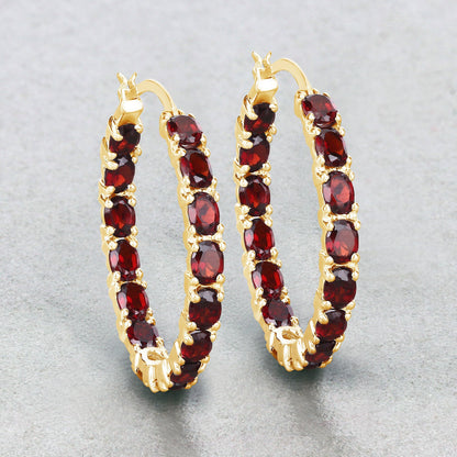 Sterling Silver 14K Yellow Gold Plated Garnet Hoop Earrings