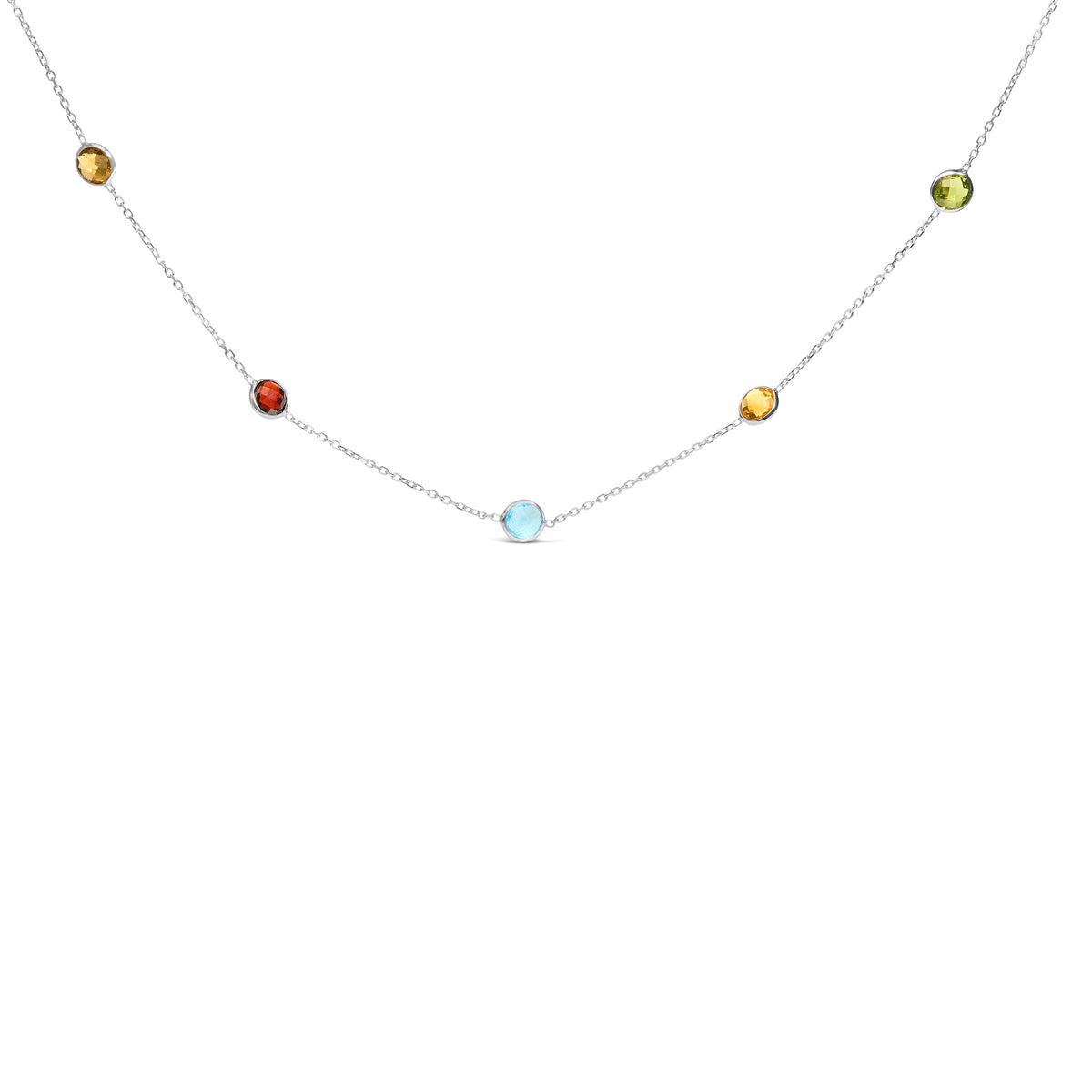 14K White Gold Mixed Gemstone Bezel Station Adjustable Necklace