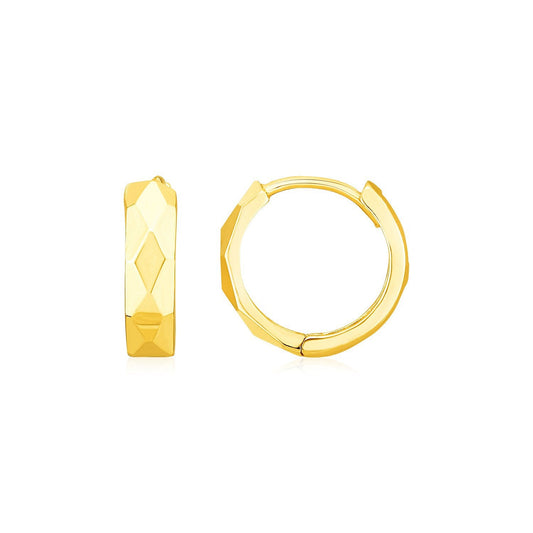 Yellow Gold Diamond Motif Faceted Huggie Hoop Earrings