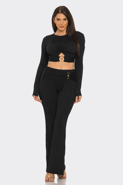 Ribbed Two-Piece Set – Metal Ring Cutout Crop Top & Flare Pants