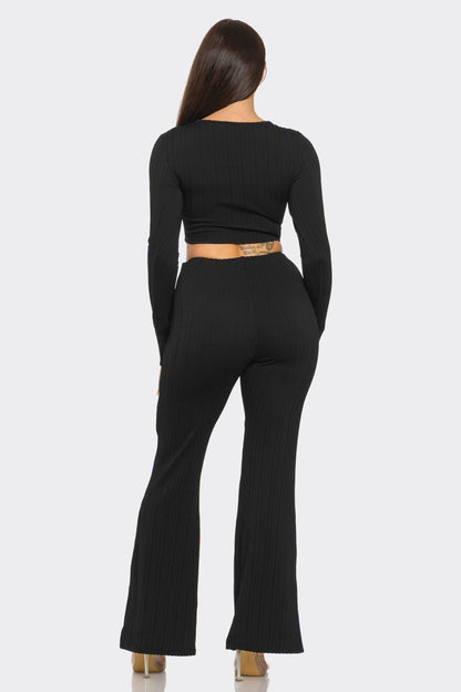 Ribbed Two-Piece Set – Metal Ring Cutout Crop Top & Flare Pants
