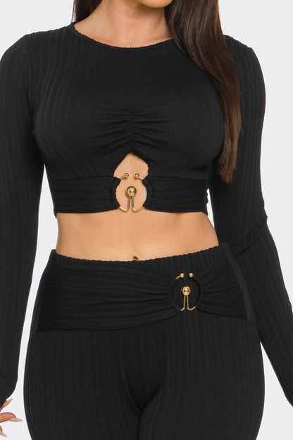 Ribbed Two-Piece Set – Metal Ring Cutout Crop Top & Flare Pants