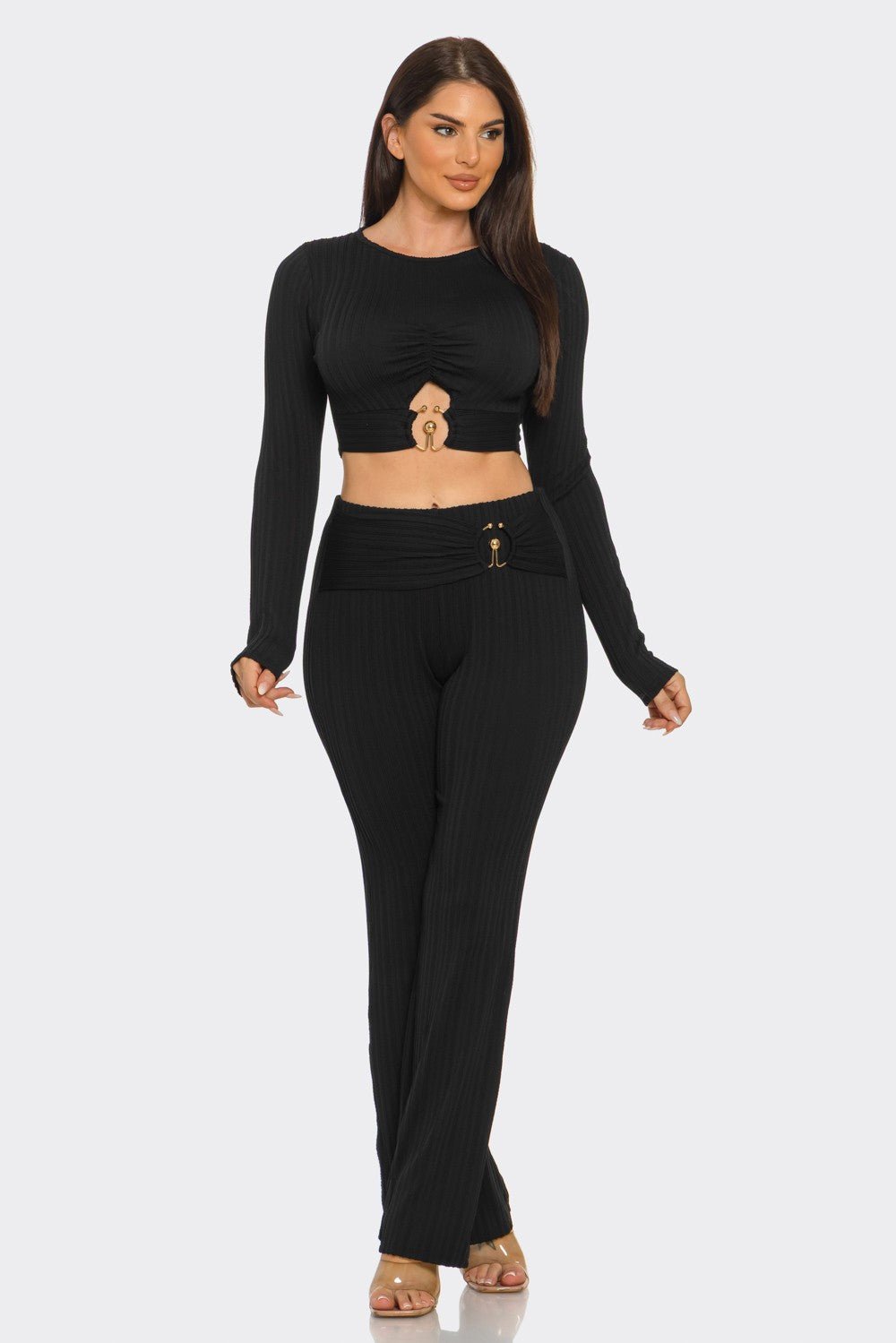 Ribbed Two-Piece Set – Metal Ring Cutout Crop Top & Flare Pants