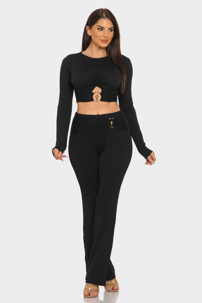 Ribbed Two-Piece Set – Metal Ring Cutout Crop Top & Flare Pants
