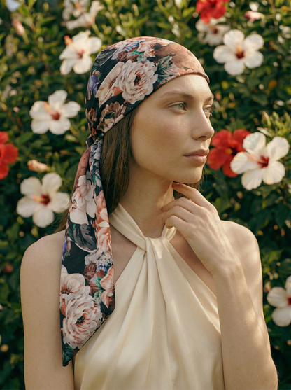 Printed Silk headscarf with ties