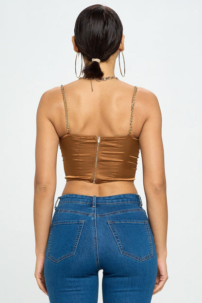 Brittney Gold Chain Strap Satin Solid Bustier Crop Top