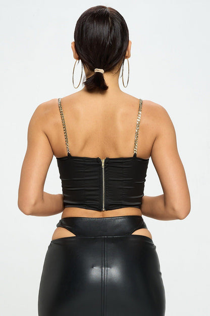 Brittney Gold Chain Strap Satin Solid Bustier Crop Top