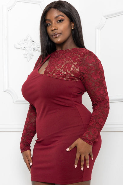 Burgundy Lace Panel Plus Size Mini Dress – Long Sleeve, Keyhole Front & Ruched Fit