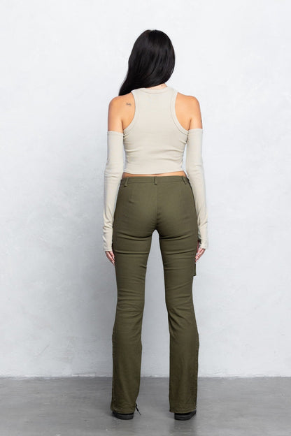 Cargo Twill Bootcut Pants | Low Waist Zipper Detail Trendy Streetwear