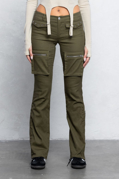 Cargo Twill Bootcut Pants | Low Waist Zipper Detail Trendy Streetwear