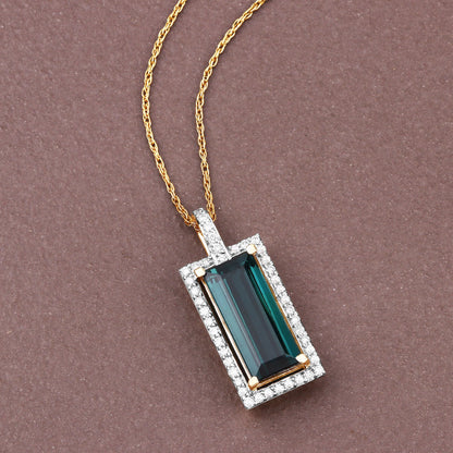 4.28 Carat Genuine Green Tourmaline and White Diamond 14K Yellow Gold Pendant