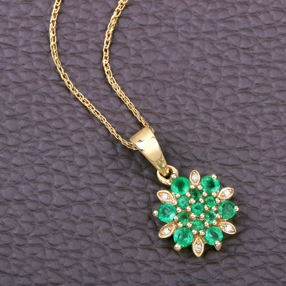14K Yellow Gold Zambian Emerald and Diamond Floral Pendant