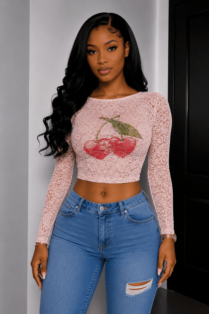 Cherry Kiss Sheer Lace Crop Top – Long Sleeve Graphic Mesh Top