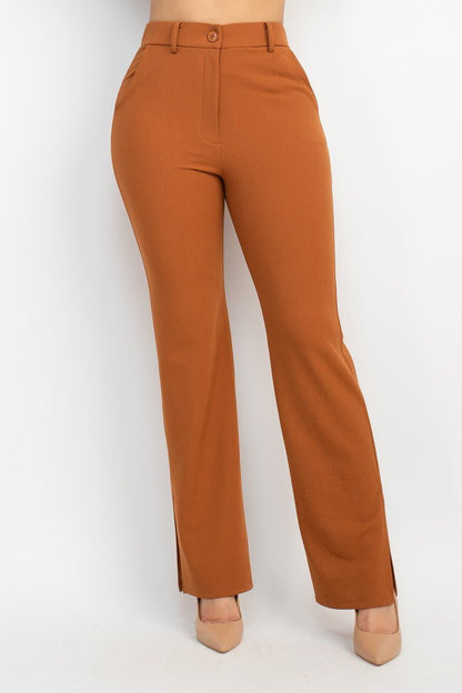 Cognac Side Slit Pants with Elastic Back | Trendy Fall Look
