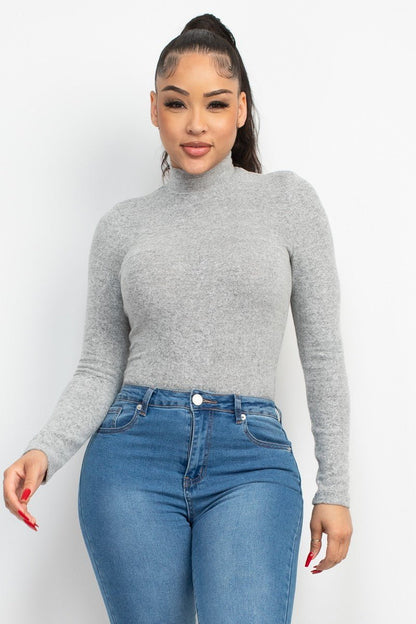 Cozy Mock Neck Long Sleeve Knit Top – Soft Stretch Fitted Sweater Tee
