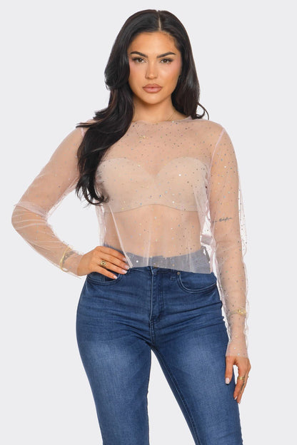 Crystal Studded Mesh Top – Rainbow Rhinestone Sheer Blouse