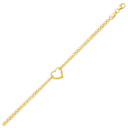 10K Yellow Gold Open Heart Double Rolo Chain Anklet
