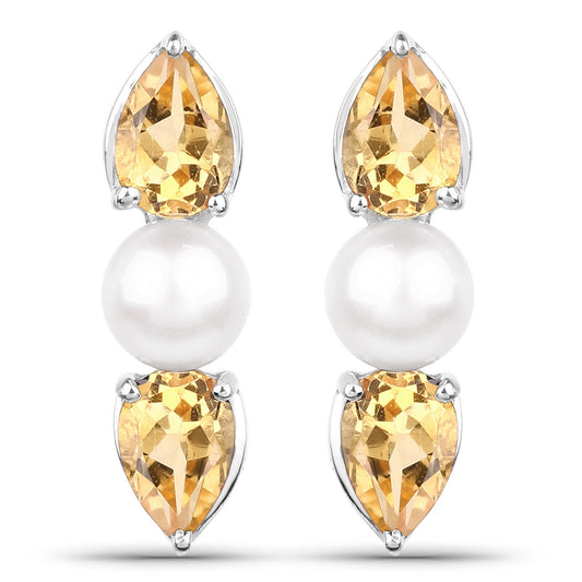 Sterling Silver Citrine and Pearl Drop Earrings