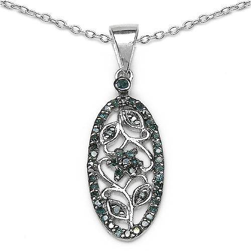 Sterling Silver Blue Diamond Floral Pendant Necklace