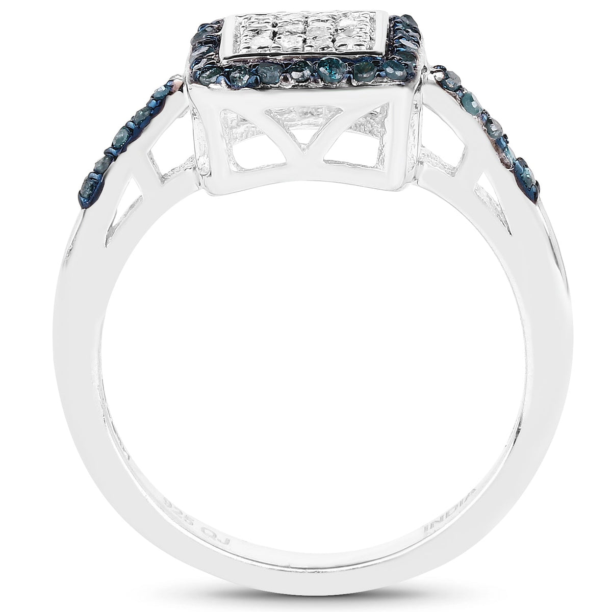 Sterling Silver Blue Diamond and White Diamond Cluster Ring