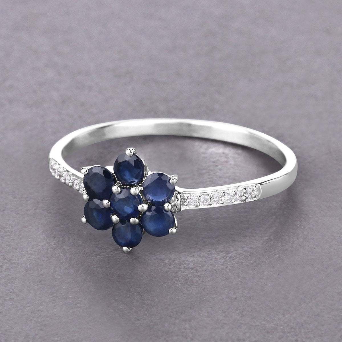 14K White Gold Blue Sapphire and Diamond Floral Ring