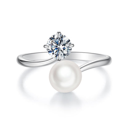 Sterling Silver Moissanite, Freshwater Pearl Ring
