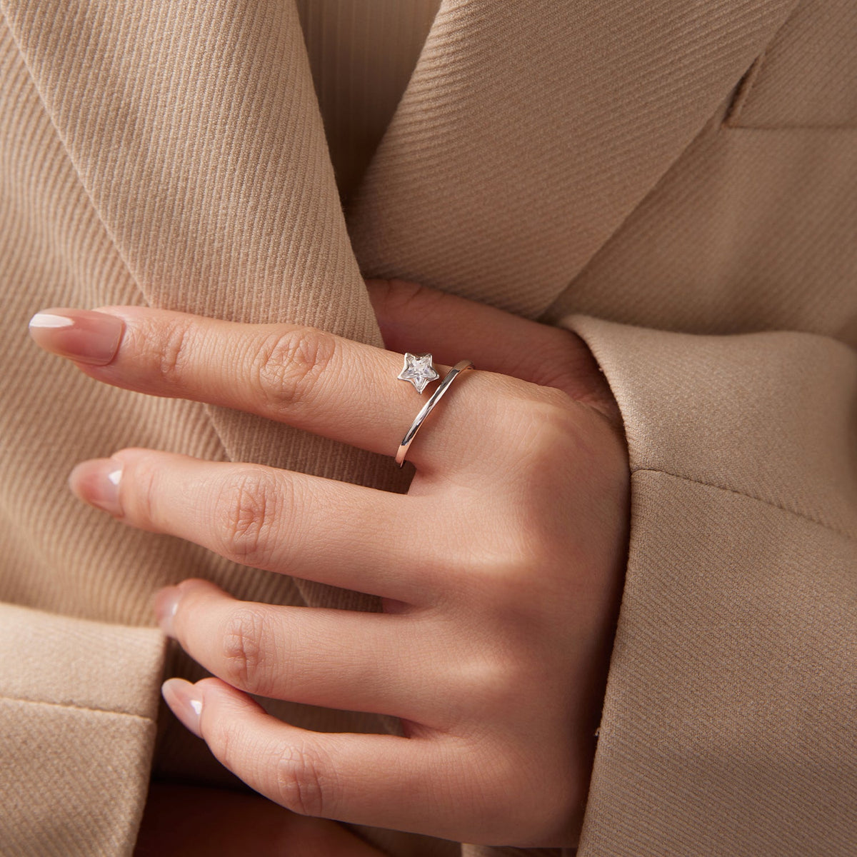 Sterling Silver White Gold Plated CZ Star Ring