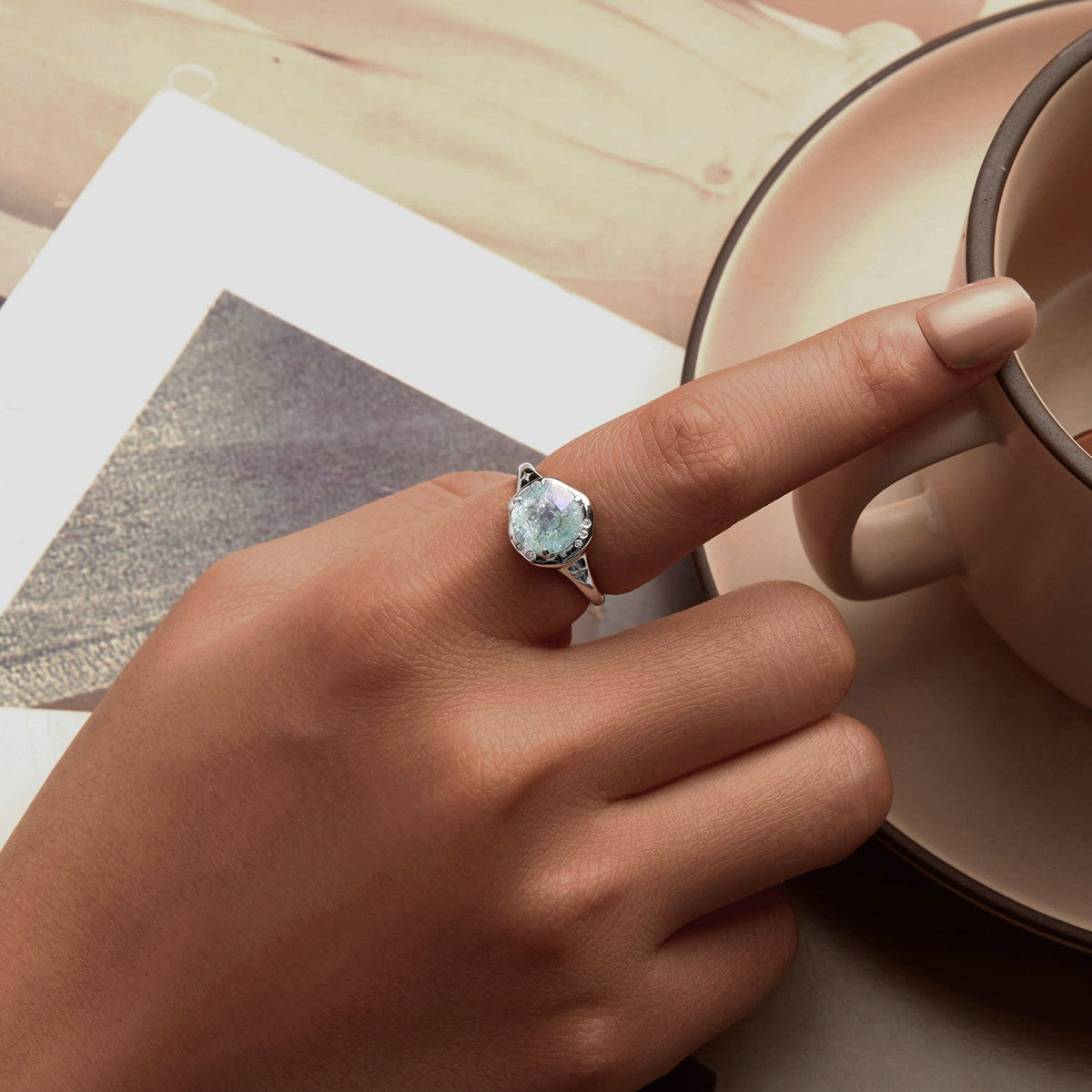 Sterling Silver CZ and Glass Ring
