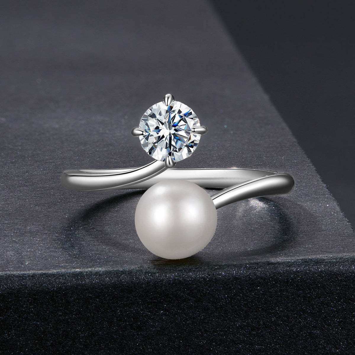 Sterling Silver Moissanite, Freshwater Pearl Ring