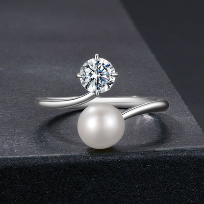 Sterling Silver Moissanite, Freshwater Pearl Ring