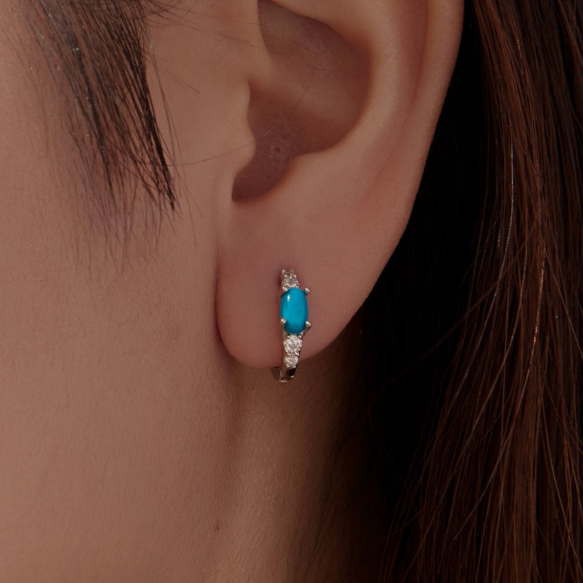 Sterling Silver White Gold Plated Synthetic Turquoise and CZ Hoop Earrings