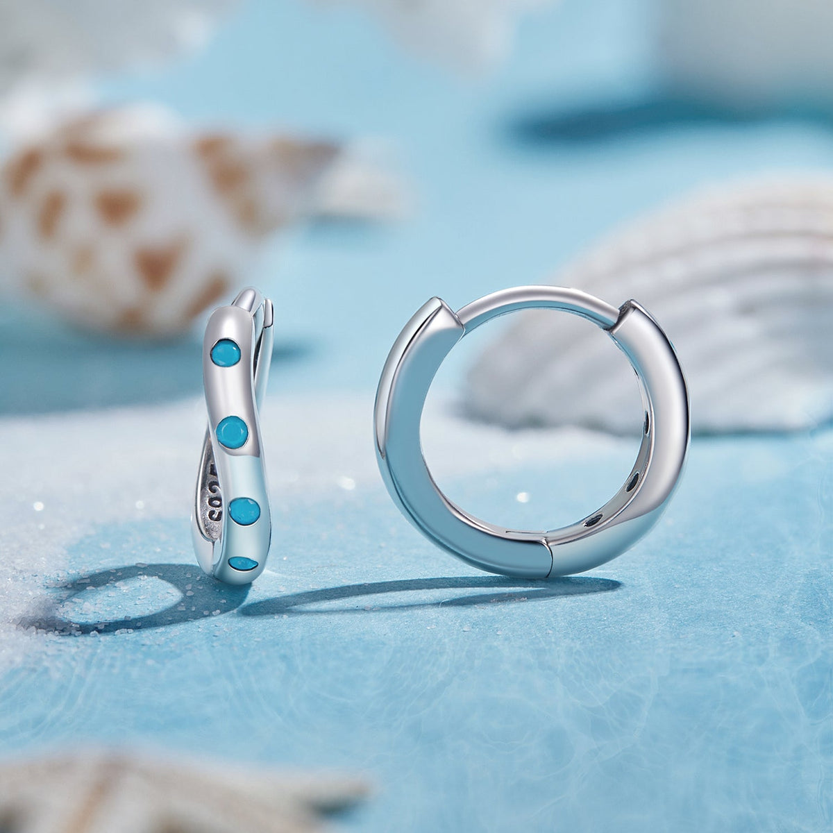 Sterling Silver Synthetic Turquoise Oxidized Hoop Earrings