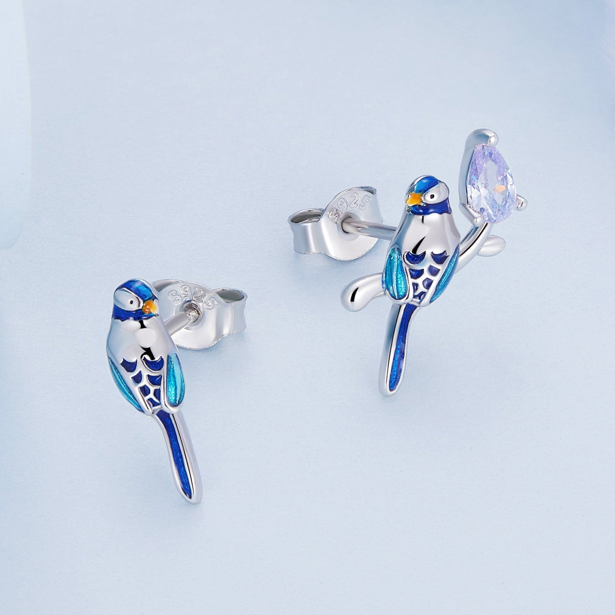 Sterling Silver Enamel Pavé CZ Bird Stud Earrings