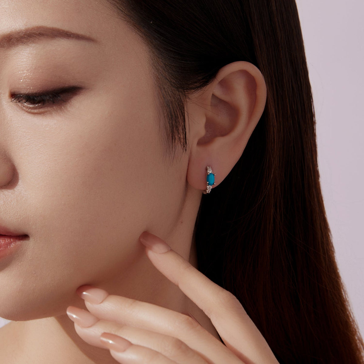 Sterling Silver White Gold Plated Synthetic Turquoise and CZ Hoop Earrings
