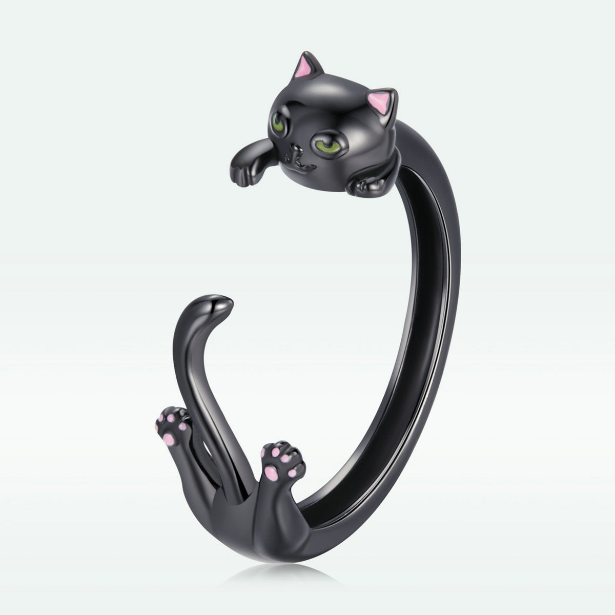 Sterling Silver Black Gold Plated Enamel Cat Head Ring