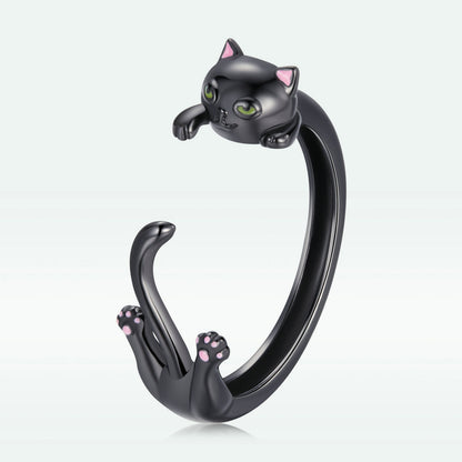 Sterling Silver Black Gold Plated Enamel Cat Head Ring