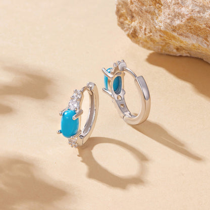 Sterling Silver White Gold Plated Synthetic Turquoise and CZ Hoop Earrings