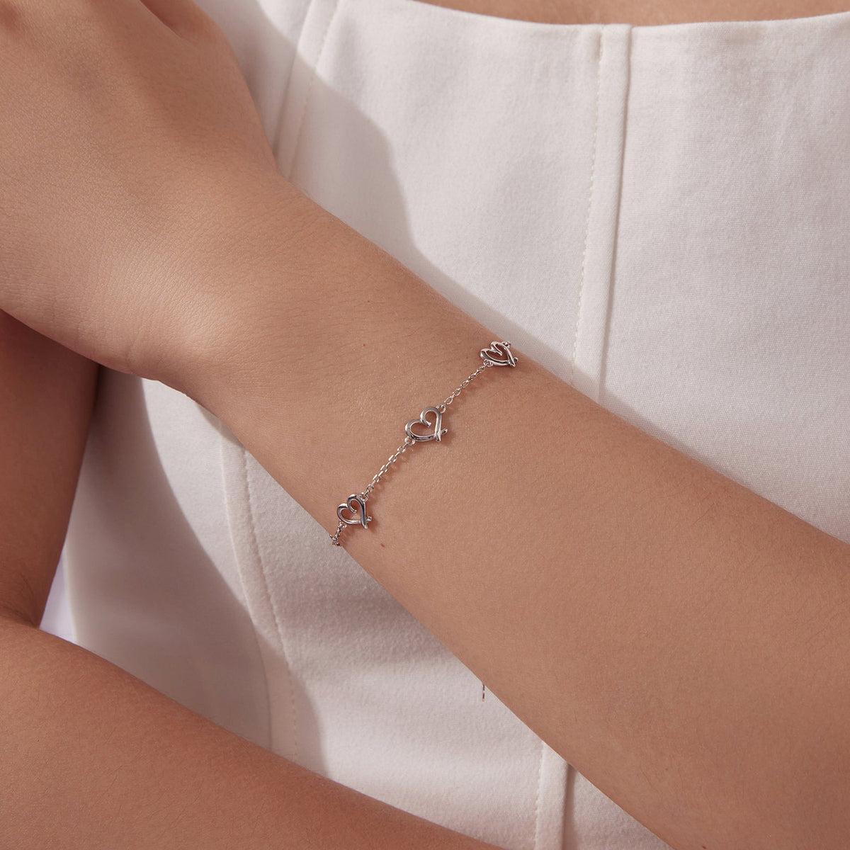 White Gold Plated Sterling Silver Heart Bracelet