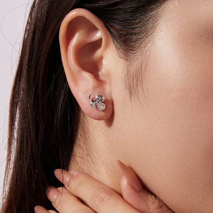 Sterling Silver White Gold Plated CZ Pavé and Enamel Earrings