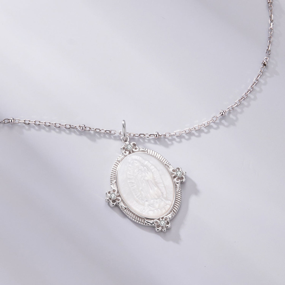 White Gold Plated Sterling Silver Mother of Pearl & CZ Pendant Necklace
