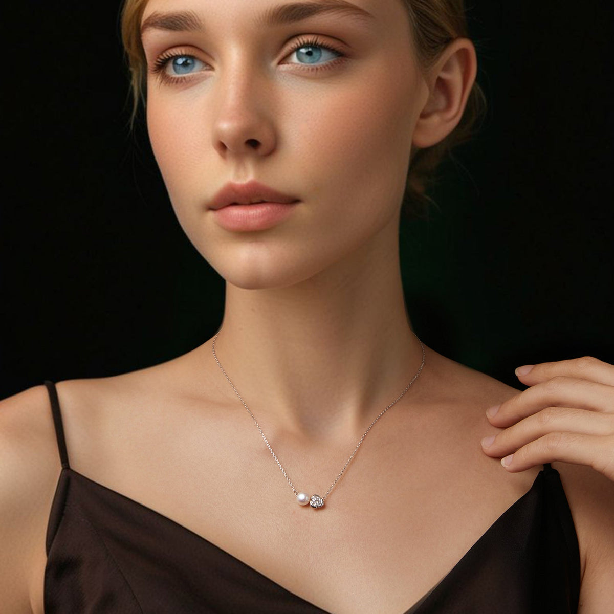 Sterling Silver Moissanite & Freshwater Pearl White Gold Necklace