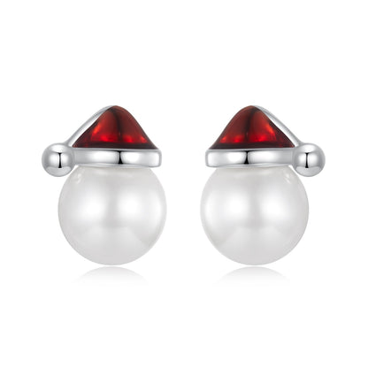 Sterling Silver White Gold Plated Enamel Shell Pearl Earrings