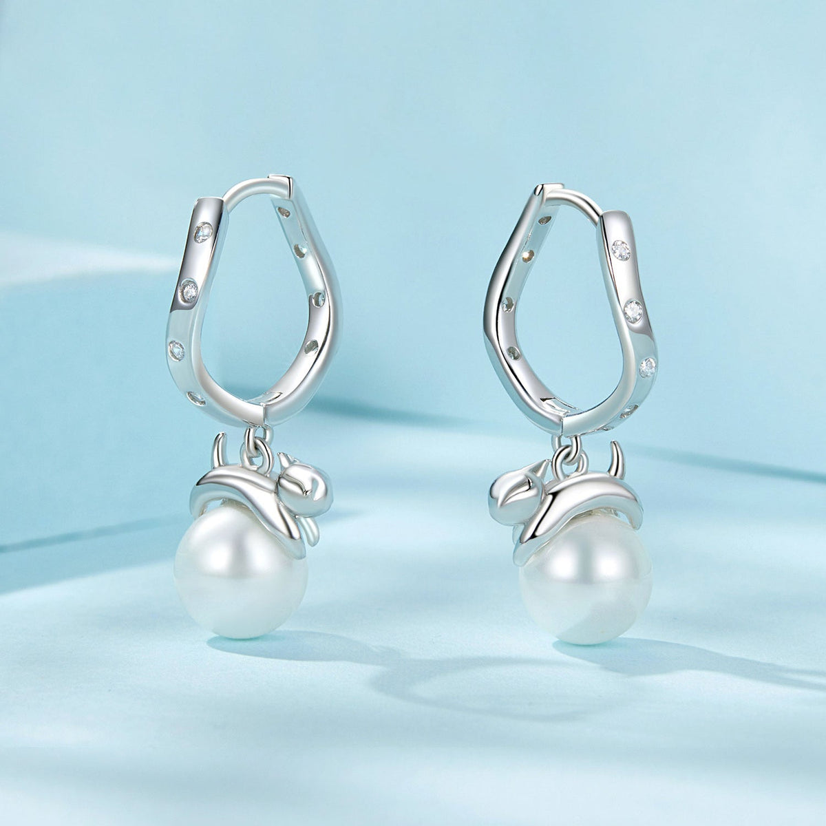 Sterling Silver Shell Pearl and CZ Drop Earrings